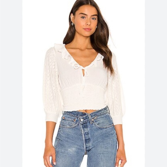 Free People Billie Sweater Top Ivory Women’s XS Ruffle Puff Sleeve Smocked New - Picture 1 of 16